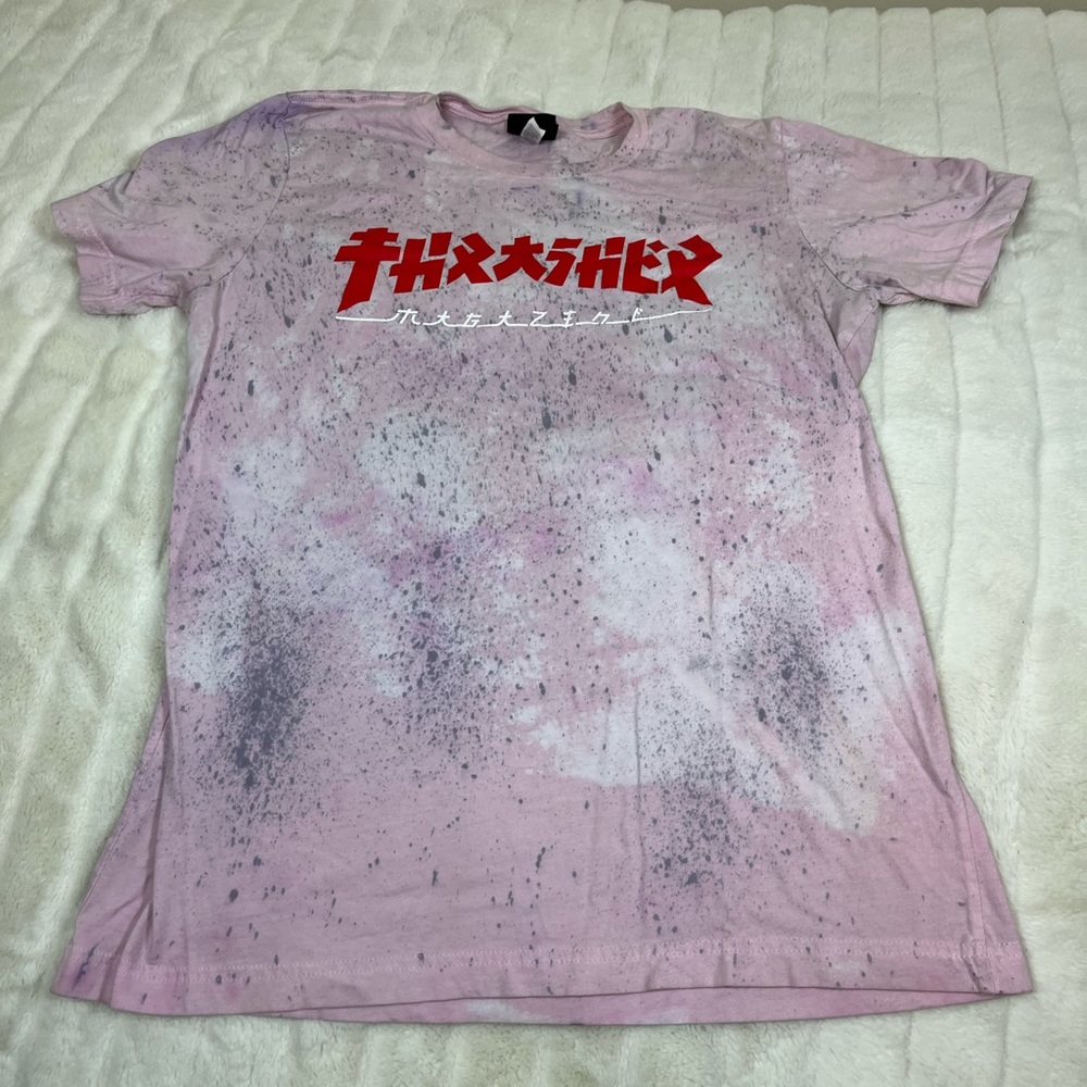 Thrasher L Pink Black Spotted Bleach Dye Grunge School Upcycle Fall Skater Tee